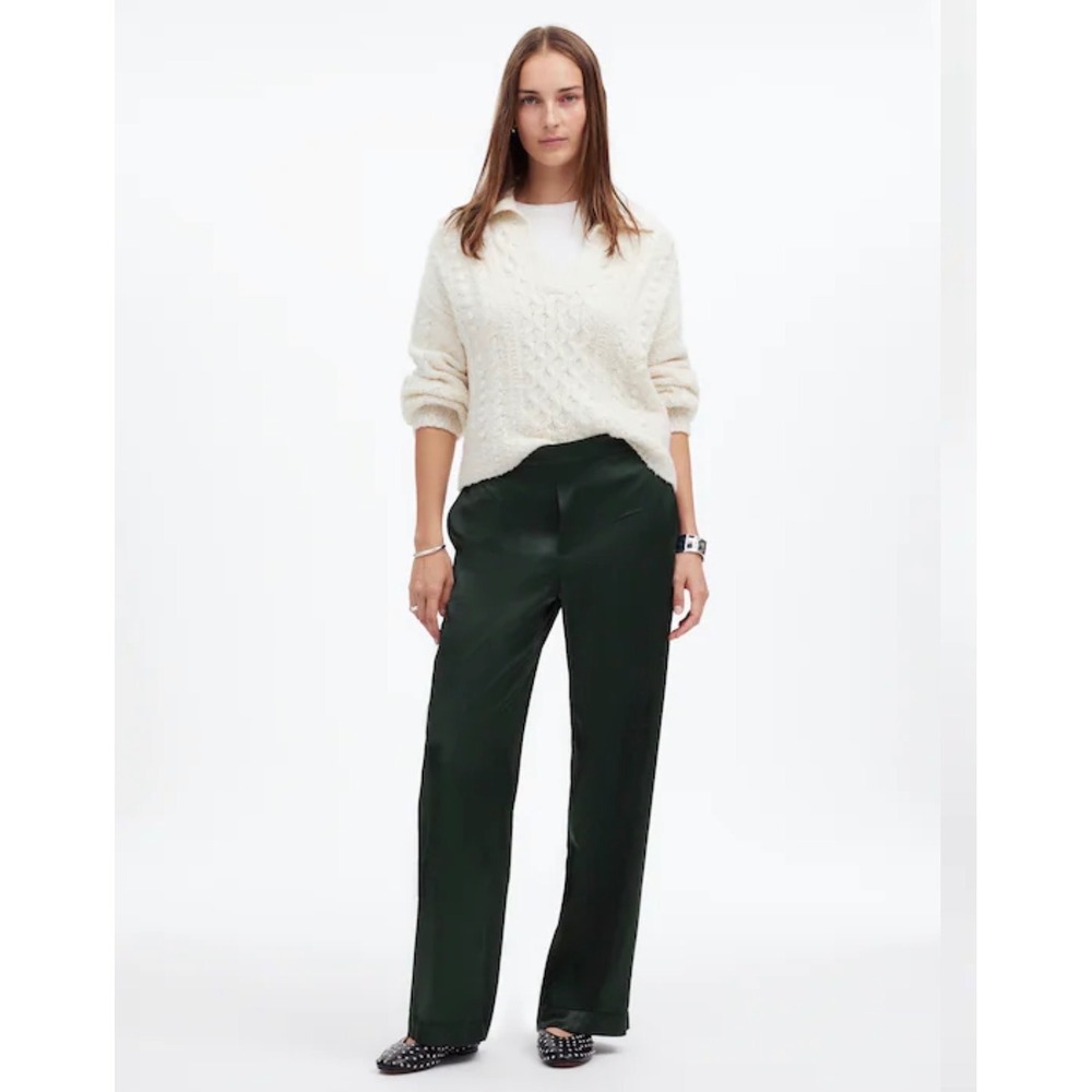 NWT Madewell Pull-On Wide Leg Pants Stretch Satin Luxury Forest Size XL Pockets